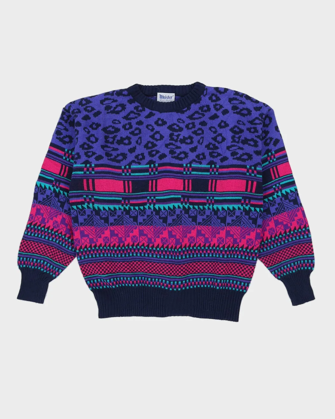 00s Blue Patterned Knitted Ski Jumper - M