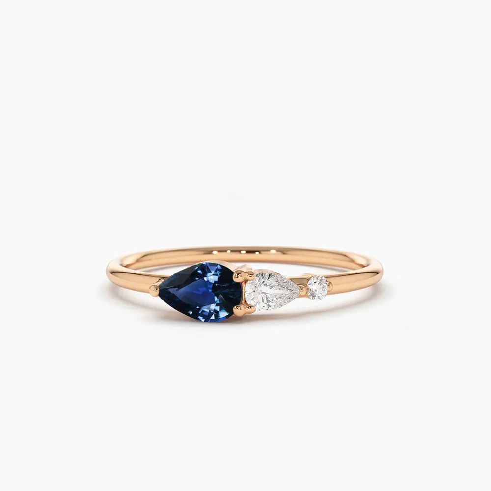 14k Gold Pear Shape Natural Sapphire with Pear Shape Diamond Ring