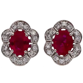 14K White Gold Oval Ruby with Diamond Halo Stud Earrings