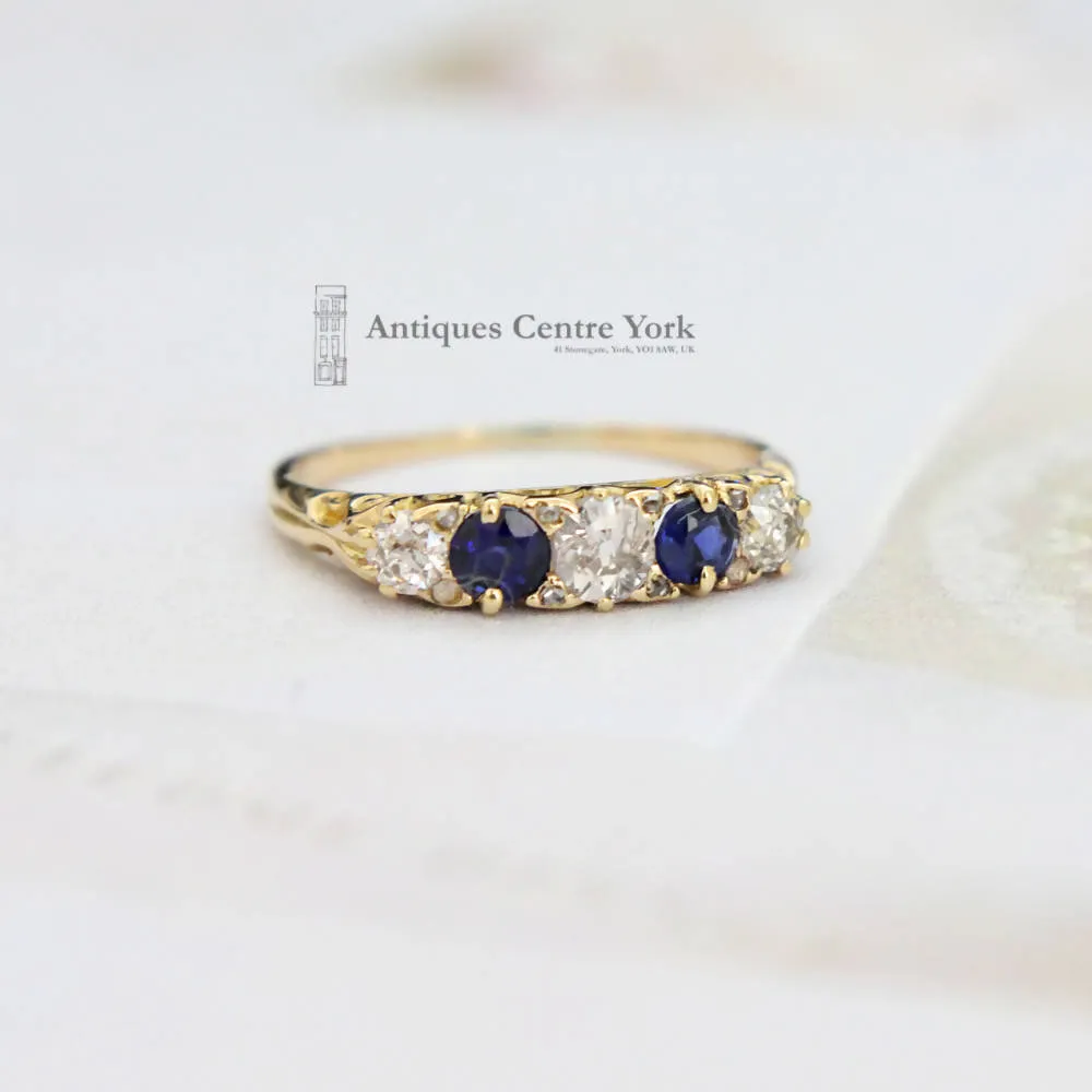 18ct Sapphire & Diamond 5 Stone Carved Half Hoop Ring