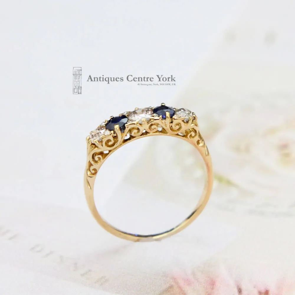 18ct Sapphire & Diamond 5 Stone Carved Half Hoop Ring