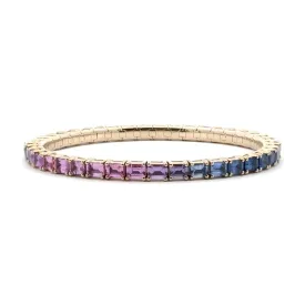 18K Gold Stretch Emerald Cut Ombre Blue and Pink East West Sapphire Tennis Bracelet