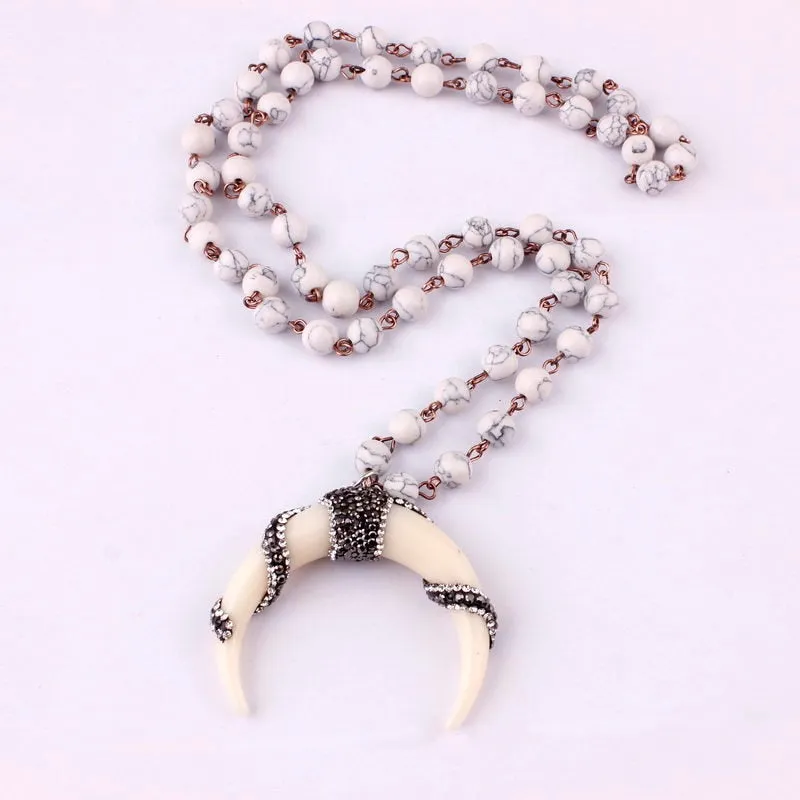 3 Colors Option Hot Selling Tribal Natural Amazonite Stones Beads Horn Statement Pendant Necklace for Women Bohemian Jewelry