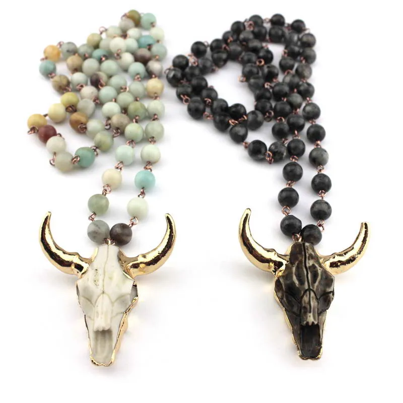 3 Colors Option Hot Selling Tribal Natural Amazonite Stones Beads Horn Statement Pendant Necklace for Women Bohemian Jewelry