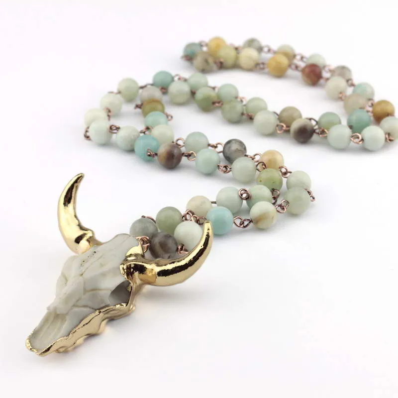 3 Colors Option Hot Selling Tribal Natural Amazonite Stones Beads Horn Statement Pendant Necklace for Women Bohemian Jewelry