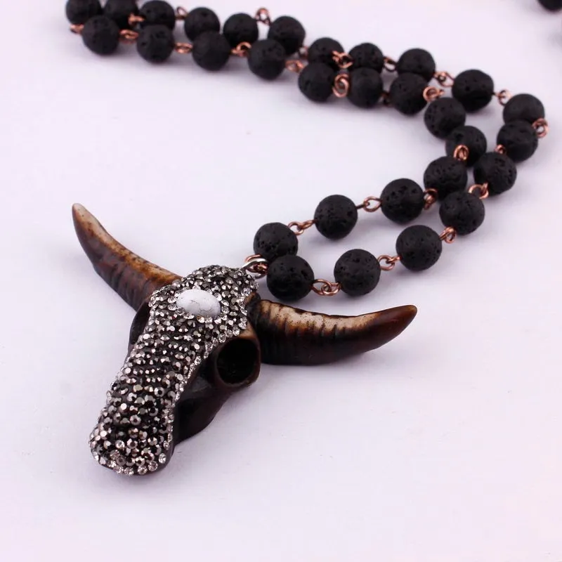 3 Colors Option Hot Selling Tribal Natural Amazonite Stones Beads Horn Statement Pendant Necklace for Women Bohemian Jewelry