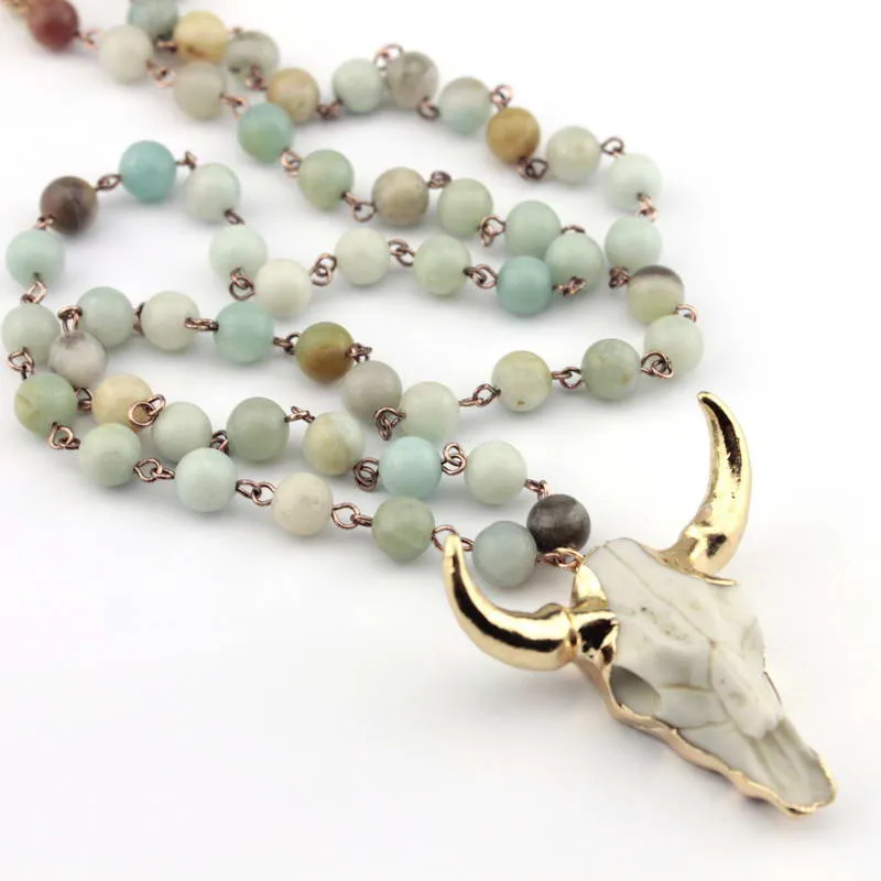 3 Colors Option Hot Selling Tribal Natural Amazonite Stones Beads Horn Statement Pendant Necklace for Women Bohemian Jewelry