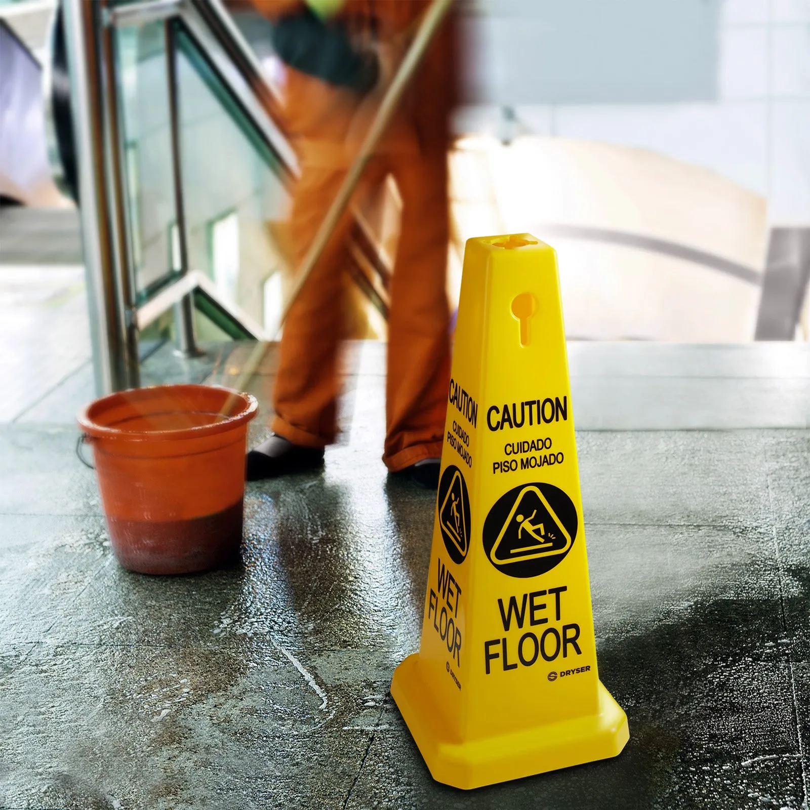 3 Pack- 26" Yellow Caution Wet Floor Cones - English/Spanish- Dryser