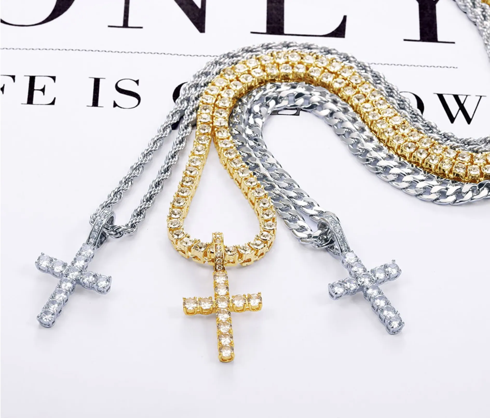 4mm Bust Down Cross Pendant W/Rope or Tennis Link Chain