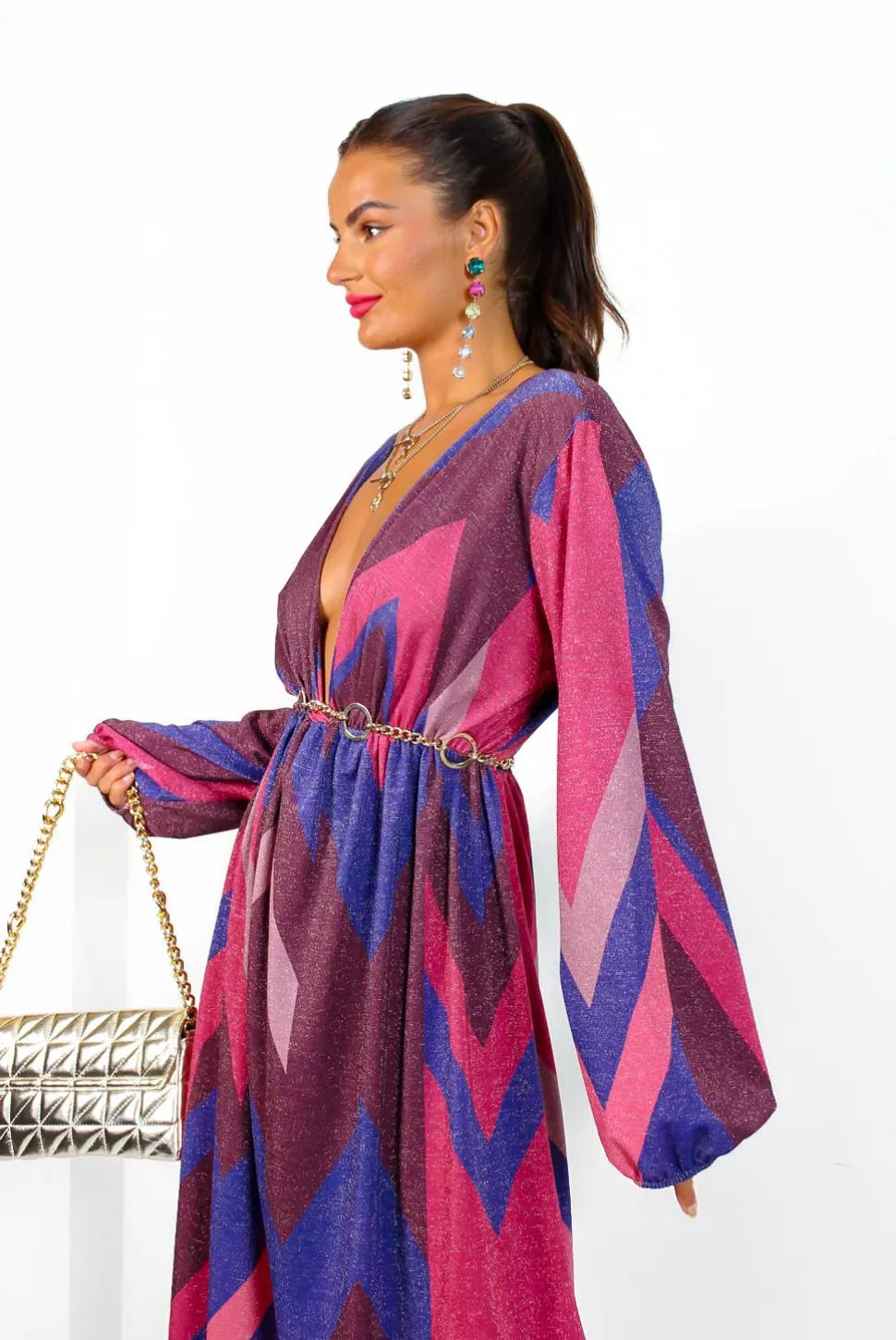 A Way Of Life - Purple Pink Glitter Stripe Midi Dress