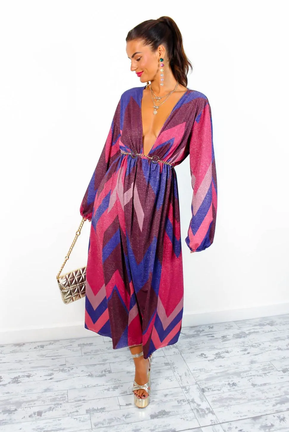 A Way Of Life - Purple Pink Glitter Stripe Midi Dress