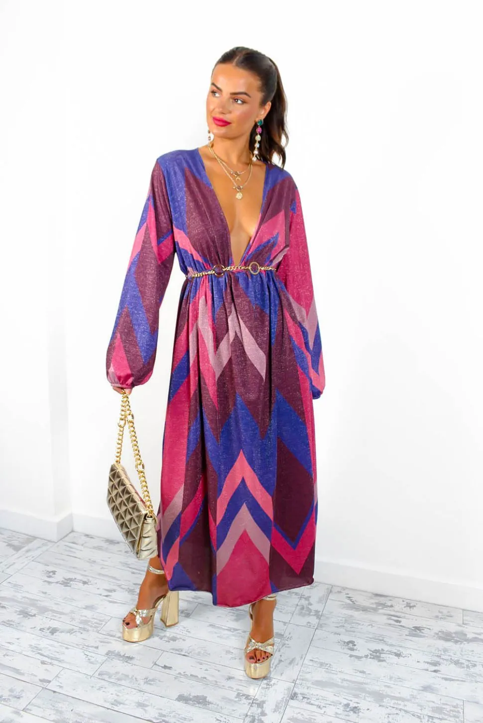 A Way Of Life - Purple Pink Glitter Stripe Midi Dress