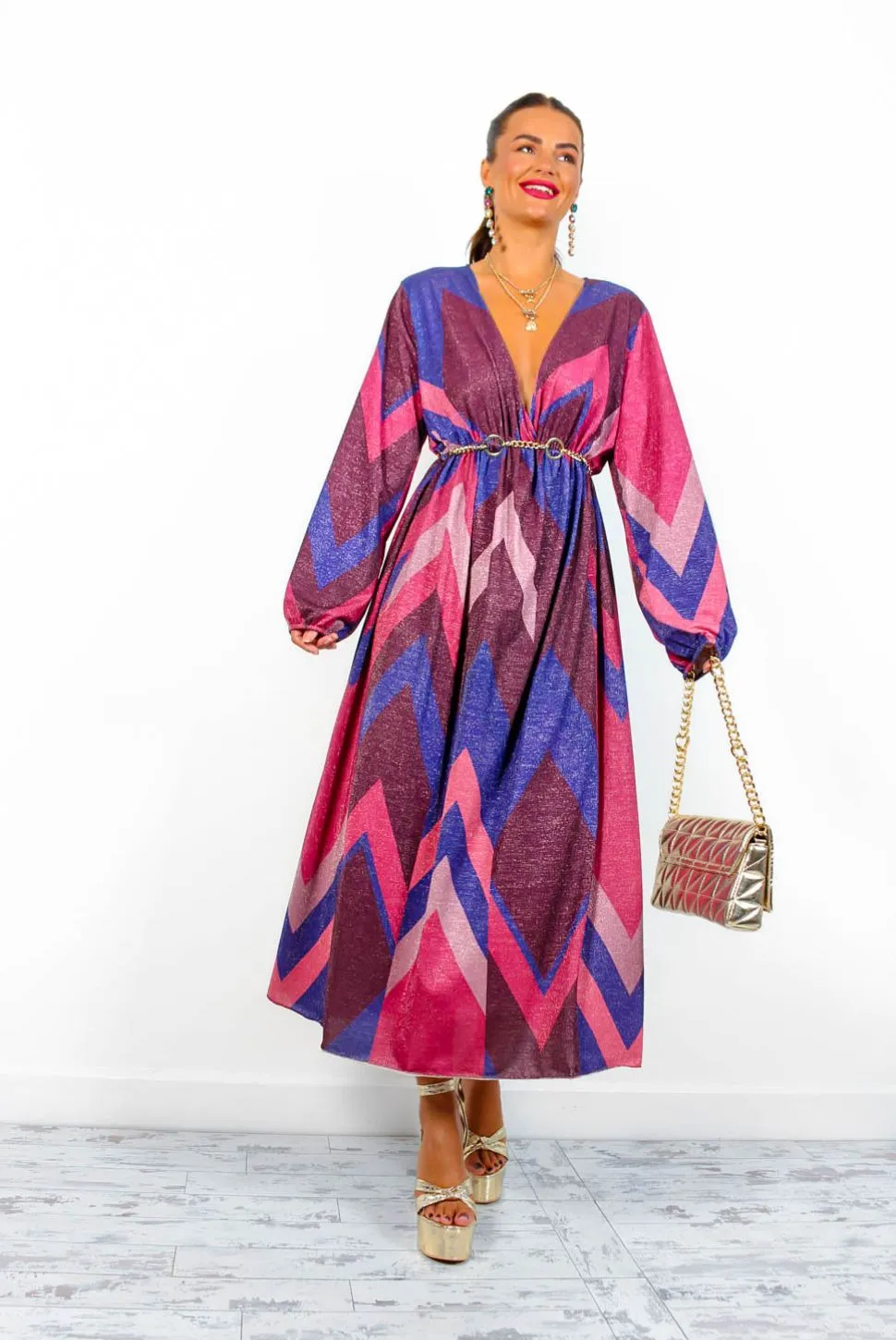 A Way Of Life - Purple Pink Glitter Stripe Midi Dress