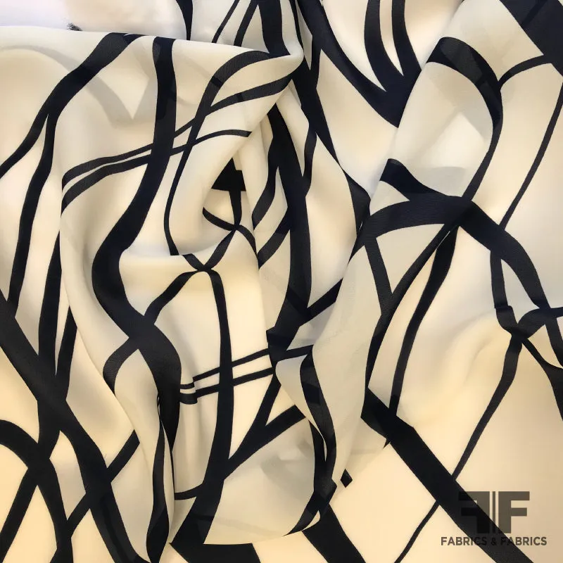 Abstract Lines Printed on Silk Georgette - Cream/Midnight Blue