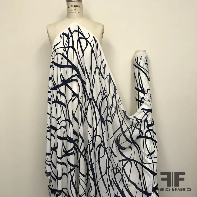 Abstract Lines Printed on Silk Georgette - Cream/Midnight Blue