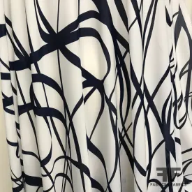 Abstract Lines Printed on Silk Georgette - Cream/Midnight Blue