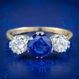 Antique Edwardian Sapphire Diamond Trilogy Ring 1.41ct Sapphire With Cert