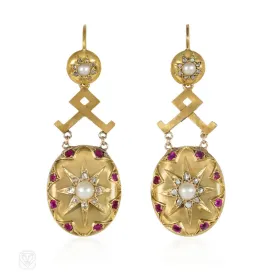 Antique ruby, pearl and diamond pendant earrings