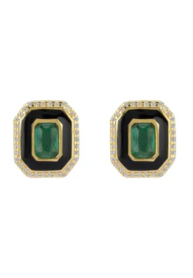 Art Deco Emerald And Enamel Stud Earrings Gold