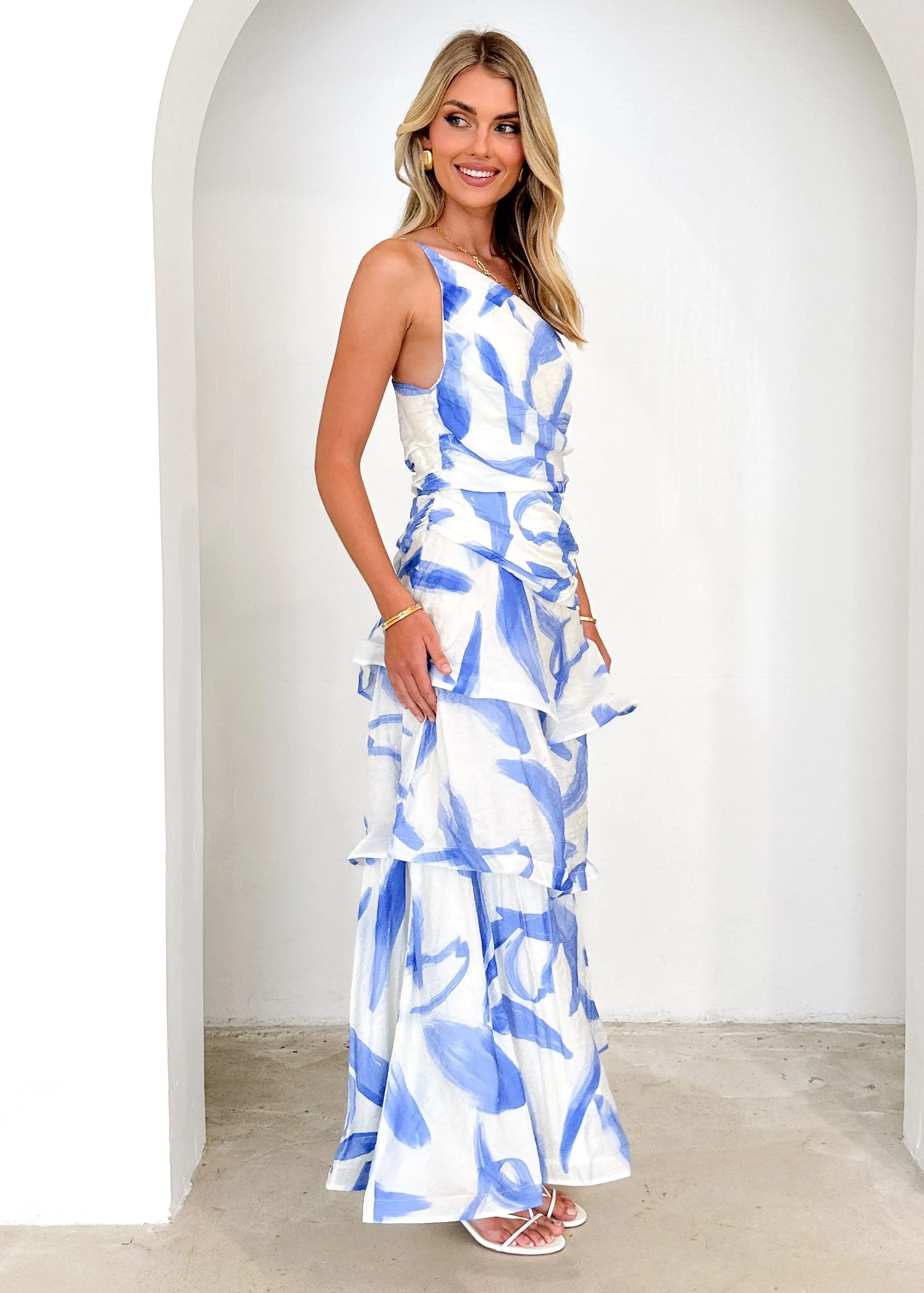 Aspra One Shoulder Midi Dress - Blue Splash