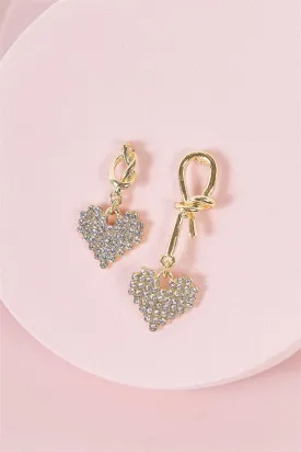 Asymmetrical Gold Rhinestone Heart Dangle Earrings