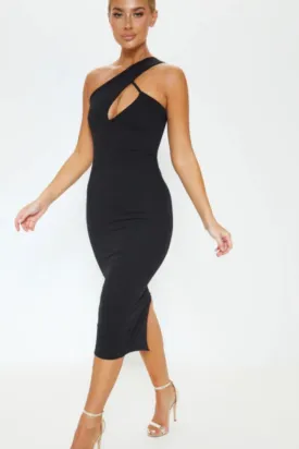 Asymmetrical Neck Line Black Midi Dress