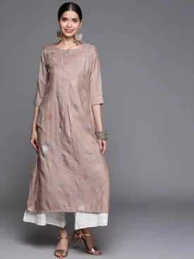 Beige Printed Cotton Silk Kurta