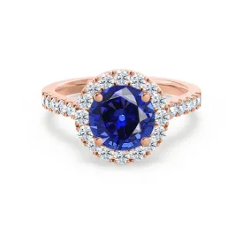 CECILY - Chatham® Lab Grown Blue Sapphire & Diamond 18k Rose Gold Halo Ring