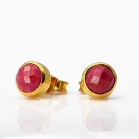 Dyed Ruby Small Round Bezel Set Stud Earrings - July Birthstone Earrings