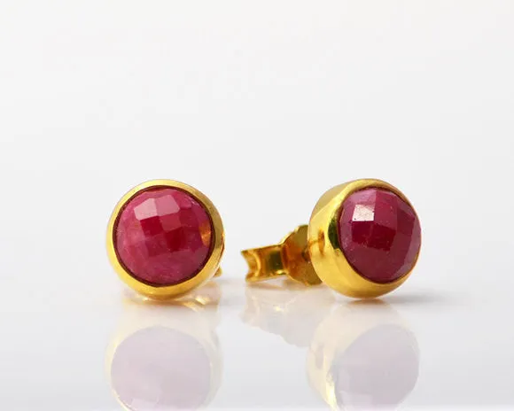 Dyed Ruby Small Round Bezel Set Stud Earrings - July Birthstone Earrings