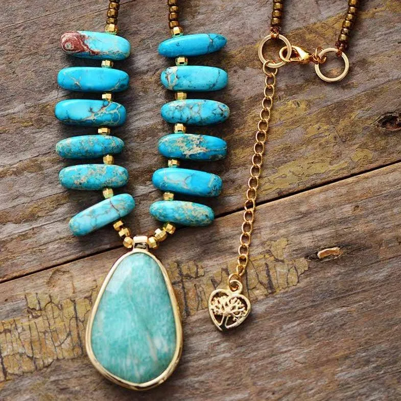 'Nginhu' Blue Jasper & Amazonite Pendant Necklace