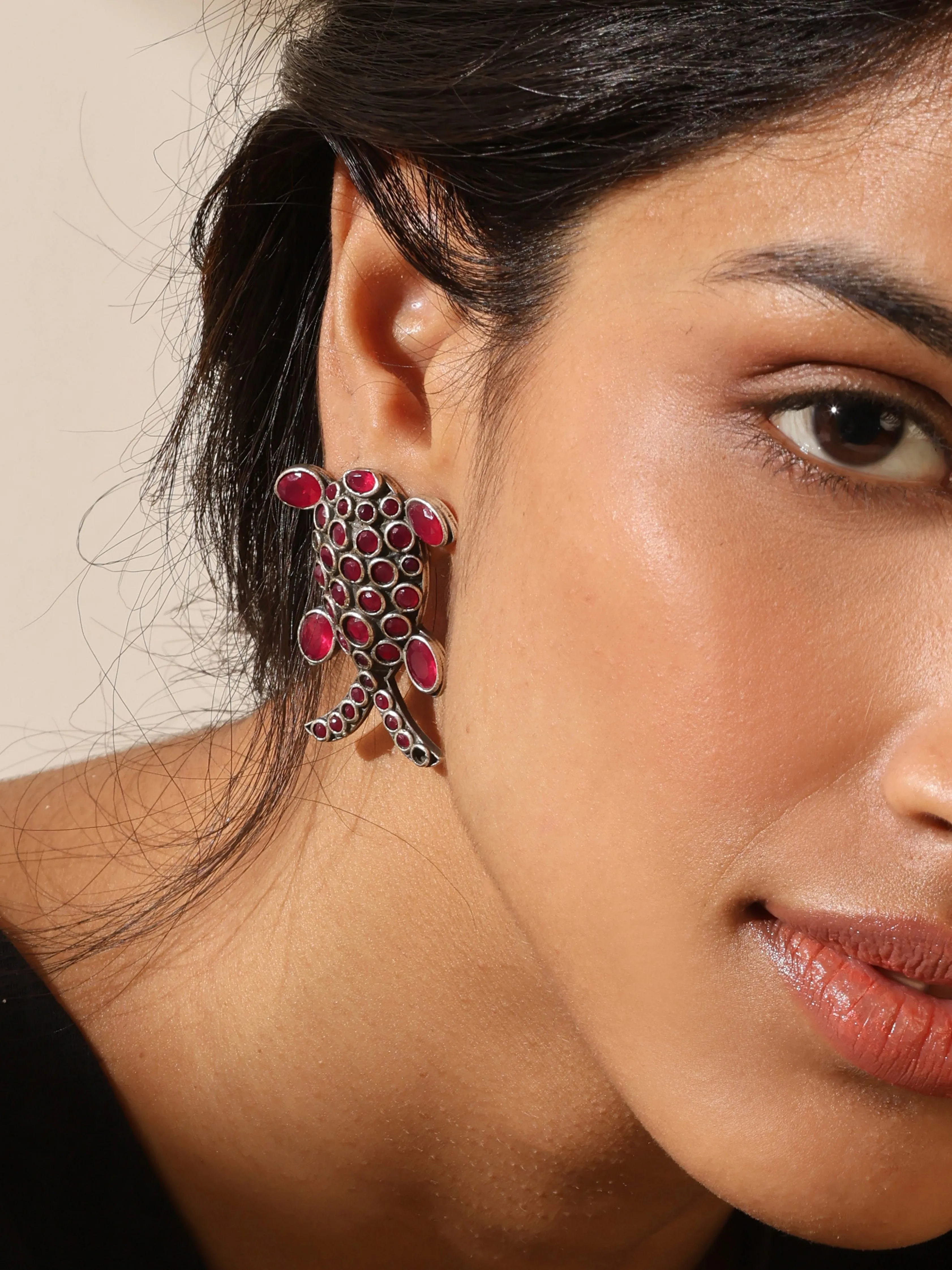 Silver-Plated Ruby Fish Stud Earrings