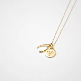 Zodiac Sign & Wishbone Necklace, Solid Gold